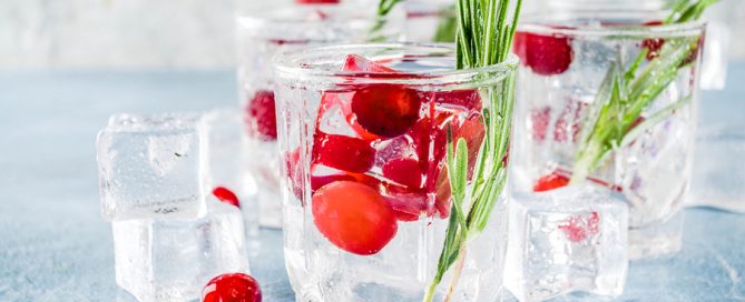 Christmas or New Year winter cranberry cocktail with rosemary, liqueur, gin tonic, on light blue concrete background with ice cubes, fresh berries and rosemary twig copy space