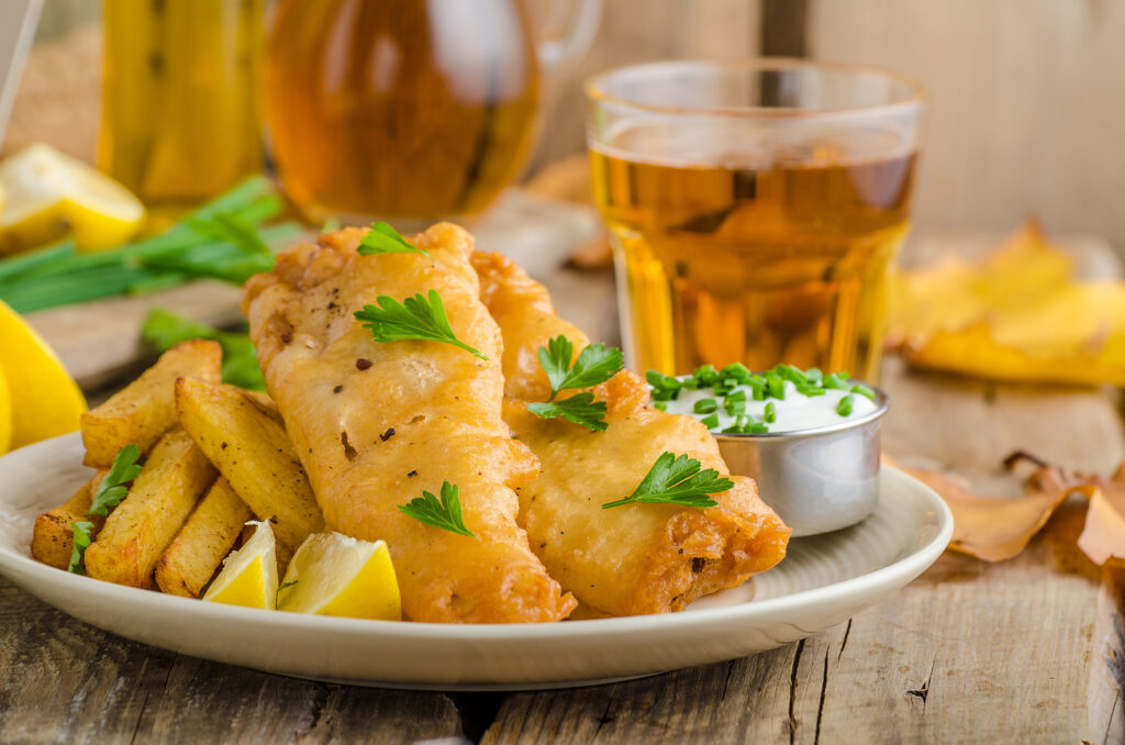 fish and chips paired with herbal liqueur